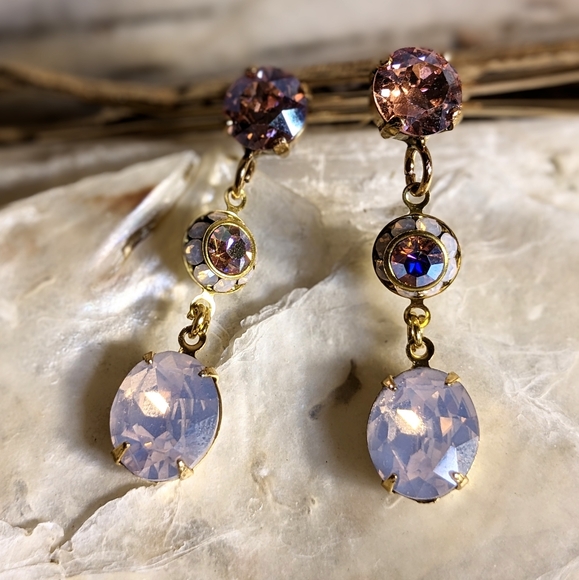 Rose Pink Opal And Swarovski Crystal Flower Drop Down Earrings - Picture 5 of 6